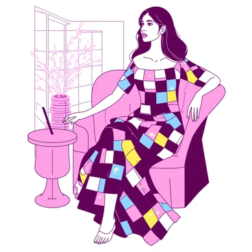 A woman is sitting gracefully on a plush chair. Her dress is adorned with intricate square motifs in a vibrant pattern. Each square glimmers with a mixture of colors, capturing the light beautifully. The woman has long hair cascading down her shoulders, and her expression is serene as she gazes thoughtfully into the distance. The setting around her includes a softly lit room with elegant details that complement her posture and attire.