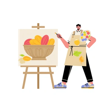 A painter standing in front of a large easel, focused on a canvas. The canvas shows a detailed image of a bowl filled with almonds. The bowl is ornate, featuring intricate patterns carved into its surface. The almonds are depicted in various positions, some whole and others slightly cracked, revealing their inner texture. The painter holds a brush in one hand and has a palette full of colors in the other hand, with splashes of paint on the artist's apron. Soft light illuminates the scene, highlighting the rich colors of the bowl and the almonds.