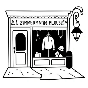 A charming vintage storefront with ornate architectural details. The window showcases a "Zimmermann blouse" elegantly arranged on a mannequin. Surrounding the blouse are decorative items like vintage hats and delicate jewelry, creating an inviting display. Soft shadows fall across the pavement in front of the store, enhancing the nostalgic atmosphere. A wrought iron sign hangs above the entrance, adding to the character of the storefront.