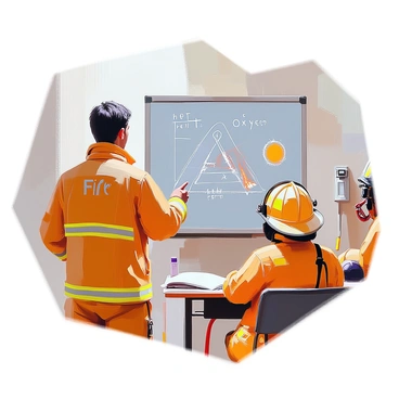 A firefighter with short dark hair and wearing a standard fire uniform is standing next to a chalkboard. The firefighter is pointing towards a diagram of the fire triangle drawn in chalk, which illustrates the elements of fire: heat, fuel, and oxygen. The chalkboard is positioned at the front of a training room, and there are a few other firefighting trainees seated at desks, attentively watching the presentation. The room is well-lit, and various firefighting equipment can be seen in the background, including hoses and helmets.