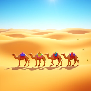 A caravan of camels walking in a line across a vast desert landscape. The camels are carrying colorful saddlebags and their shadows stretch across the sand. The desert features rolling dunes with soft, golden sand under a clear blue sky. The sun casts a warm light, creating a contrast between the bright sand and the shadows of the camels. In the distance, small tufts of desert grass can be seen, adding depth to the scene.