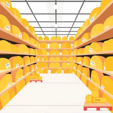 A large warehouse featuring high ceilings with industrial lighting. Rows of wooden shelves are filled with various sized aging cheese wheels, showcasing their different shapes and colors. The cheese wheels have crusty rinds and labels indicating their types. Some shelves have cheese that is more aged, with a darker appearance, while others display younger, lighter-colored cheeses. The floor is made of concrete, and there are wooden pallets scattered around, holding additional cheese wheels ready for storage.