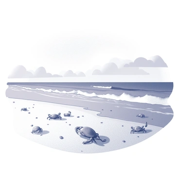 A sandy beach with a gentle slope leading to the ocean. Small crabs are scattered across the sand, each in various poses of movement. Some crabs are scuttling quickly across the sand, while others are partially buried, with only their eyes visible. The ocean waves are rolling in, creating a foamy edge where the water meets the shore. The shoreline is littered with small pebbles and seaweed, adding texture to the beach. The sky above is clear with a few wispy clouds, suggesting a calm, sunny day.