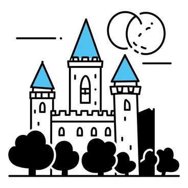 A tall ancient castle with stone walls stands prominently against a night sky. The castle features multiple towers, each topped with battlements, and large arched windows. The full moon casts a silver glow on the castle, illuminating its weathered stone and highlighting the intricate details of its architecture. Surrounding the base of the castle are dark silhouettes of trees. The moonlight creates long shadows that stretch across the ground, enhancing the castle's imposing presence.