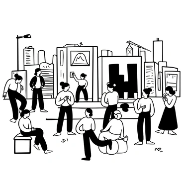 A scene depicting a group of people in contemporary clothing gathered in a busy urban environment, inspired by a well-known historical painting. They are engaged in various activities, such as talking, using smartphones, and taking photographs. In the background, a modern city skyline is visible with skyscrapers and construction cranes. The ground is paved with concrete, and there are benches and streetlights scattered around. The central focus is a large canvas displaying the original painting, with onlookers appreciating it. The overall composition captures the contrast between the classic art and the hustle of modern life.