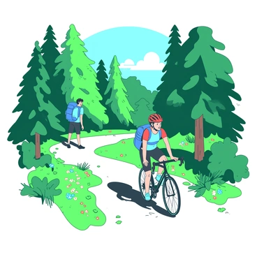 A scenic trail winds through a lush green forest. On one side of the trail, a hiker is standing, gazing up at tall trees with sunlight filtering through the leaves. The hiker is wearing a vibrant blue backpack and has a look of wonder on their face. On the other side, a cyclist zooms past on a well-defined bike path, wearing a bright red helmet and cycling gear. The cyclist is captured in motion, with one foot raised and a sense of speed conveyed. The surrounding nature is rich with various shades of green foliage and colorful wildflowers blooming along the path.