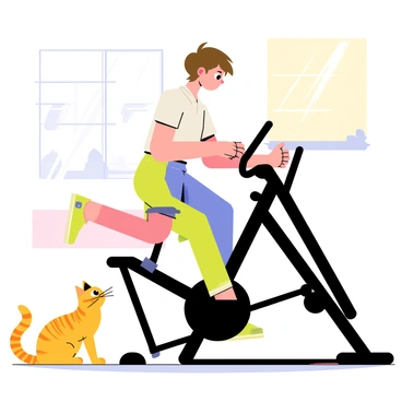 A person riding an exercise bike with a curious cat observing nearby
