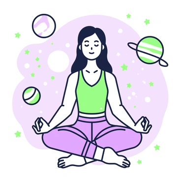 A cartoon girl with long hair is floating in space, performing a meditative pose with her legs crossed and hands resting on her knees. She is wearing a colorful yoga outfit that includes a tank top and leggings. Stars and celestial bodies surround her, creating a sense of depth in the vastness of space. Her expression is calm and peaceful, conveying a sense of tranquility. In the background, several planets are visible, adding to the cosmic theme of the scene.