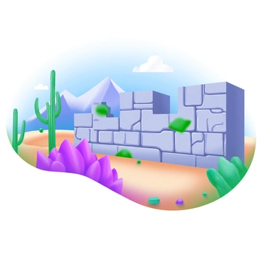 A weathered stone wall with visible cracks and patches of moss sits prominently in the foreground. The wall is textured with uneven stones, showcasing the wear of time. In the background, various species of cacti, tall and slender, stretch towards the sky. Rugged mountains rise dramatically in the distance, their peaks sharp against the horizon. The desert landscape is arid, with patches of dry earth and sparse vegetation scattered throughout the scene. The sky is a vivid blue, providing a bright contrast to the earthy tones of the wall and landscape.