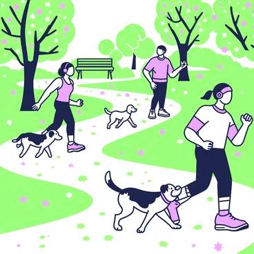A city park with winding paths is visible, covered in a blanket of fallen leaves. The pathways curve through the park, creating a sense of movement. Several people are jogging along the paths, wearing athletic clothing and headphones, showcasing varied expressions of concentration and enjoyment. Others are walking dogs of different breeds; one dog is a beagle with a wagging tail, while another is a golden retriever, happily trotting beside its owner. Lush trees surround the park, their branches heavy with colorful leaves, creating a vibrant canopy overhead. In the distance, a park bench is partially obscured by the foliage, inviting visitors to relax and enjoy the scenery.