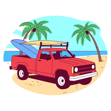 A red truck is parked on a sandy beach with its doors open. The truck has surfboards secured on the roof, one is blue and the other is yellow, leaning against the side. In the background, there are tall green palm trees swaying gently in the breeze. The sandy beach stretches out, with patches of golden sand reflecting the sunlight. There is a clear blue sky above, adding to the vibrant scene.