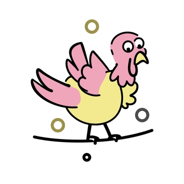 A cartoon turkey, featuring vibrant red and orange feathers, is balancing on a tightrope. The turkey has oversized eyes and a comically wide smile, showcasing a funny expression. Its wings are flapping slightly for balance, and its feet are positioned carefully on the tightrope. Below, a simple backdrop of colorful, abstract shapes adds to the playful atmosphere of the scene.