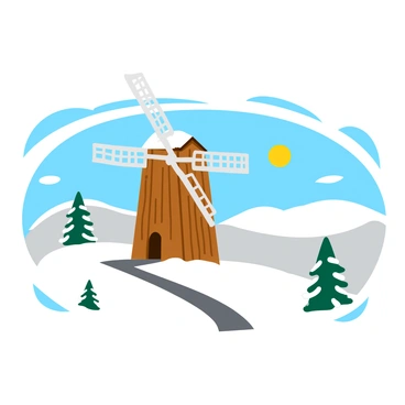 A tall windmill with white blades, dusted with fluffy white snow, stands proudly in a picturesque wintry landscape. The windmill features a wooden structure with a weathered texture, showcasing its rustic charm. Surrounding the windmill are gently rolling hills covered in a thick blanket of snow, reflecting the soft glow of a pale winter sun. In the foreground, a few snow-covered trees lean slightly in the breeze, their branches heavy with snow. The sky is a cool blue, adding to the serene winter atmosphere.