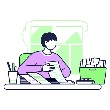 A person is seated at a desk, diligently organizing receipts and financial documents. The individual has short hair and is wearing a light-colored shirt. In front of them, there is a stack of disorganized receipts, alongside various financial documents spread out on the desk. To the right, there is a green organizer box filled with labeled folders. A calculator is positioned near the edge of the desk, and a cup holding writing utensils sits to the left. The background includes a window with natural light filtering in, casting gentle shadows on the desk surface.