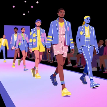 A runway scene featuring models walking and showcasing tech-infused fashion. Each model wears a unique garment that lights up and changes colors, creating a vibrant display. The clothing includes jackets with embedded LED lights, dresses that shimmer with shifting hues, and accessories that glow. The runway is illuminated with bright stage lights, enhancing the colorful effects of the garments. The audience is visible, captivated by the innovative fashion show.