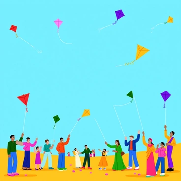 A bright blue sky filled with various colorful kites soaring high above. The kites come in different shapes and sizes, including diamonds, triangles, and hexagons, each showcasing vibrant colors such as red, yellow, green, and purple. Below, a lively crowd enjoys the Basant Panchami festival, some holding strings to control their kites. The scene captures the festive spirit, with people wearing traditional clothes, children laughing and pointing at the sky, and scattered flowers on the ground. The sunlight illuminates the kites, making them appear even more vivid against the backdrop of the clear sky.