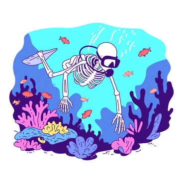 A white skeleton wearing a diving mask and fins is scuba diving among vibrant coral reefs. The coral is rich in texture and varied in shape, surrounded by a variety of colorful fish swimming gracefully. The skeleton is exploring the underwater scene with its arms extending outwards, while several small fish of different colors dart around it. Sunlight filters down through the water, illuminating the coral and creating a lively atmosphere.