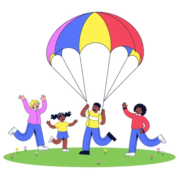 A group of children of various ethnicities is joyfully playing with a large parachute. The parachute is brightly colored with sections of red, blue, yellow, and green. The children are holding the edges of the parachute, lifting it high into the air as it billows outwards in the wind. Below, the grassy field is vibrant green, dotted with small wildflowers. The children are laughing and running around the parachute, creating an atmosphere of fun and excitement.