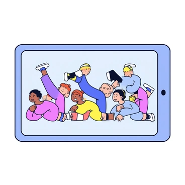 A rectangular screen displays a virtual fitness class. The screen shows multiple participants in a variety of colorful workout attire, all engaging in synchronized donkey kicks. Each participant is positioned on their hands and knees, lifting their legs behind them at the same angle. The background of the screen is a light, neutral color to keep the focus on the participants. Each individual has a determined expression, and their movements are perfectly in sync, creating a sense of collective energy.