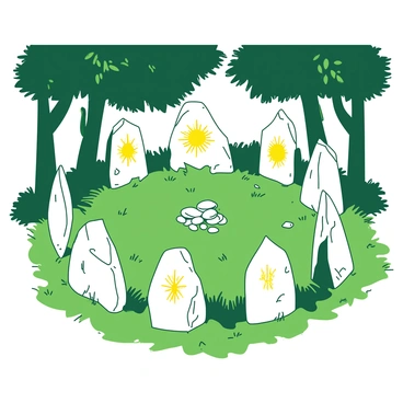 A white sacred circle of stones is arranged in a perfect pattern within a green grassy clearing. Each stone is unique in shape and size, and they are adorned with intricately carved glowing symbols that emit a soft yellow light. The clearing is surrounded by tall trees with rich green leaves, their trunks standing strong and sturdy. Light filters through the branches, casting dappled shadows on the ground. In the center of the stone circle, there is a small pile of smooth pebbles.