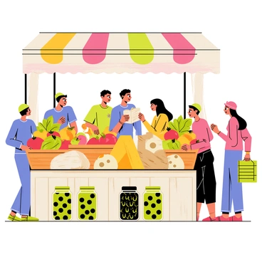 A vibrant market stall in Capri, showcasing an array of fresh produce. The stall is adorned with baskets overflowing with assorted fruits and vegetables, including ripe tomatoes, green peppers, and bright oranges. Various wheels of cheese, each with distinct textures and colors, are displayed prominently on a wooden table. Jars filled with glistening olives in shades of green and black are arranged neatly beside the cheese. Colorful fabric awnings drape overhead, creating a lively atmosphere. Shoppers of all ages are interacting with the vendor, adding to the bustling scene.