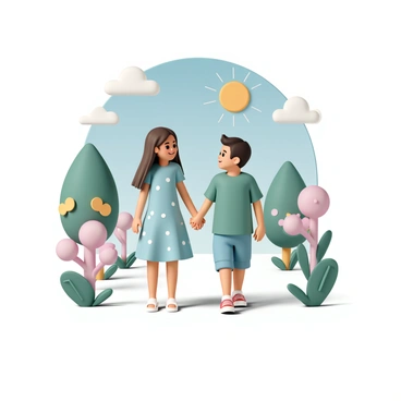Two friends, a girl and a boy, are walking side by side while holding hands. The girl has long brown hair and is wearing a light blue dress with white polka dots, along with white sandals. The boy has short black hair and is dressed in a green t-shirt and denim shorts, wearing red sneakers. They are surrounded by a vibrant world where every element is illustrated in a whimsical style, including trees with colorful leaves, flowers with exaggerated shapes, and a bright sun in a blue sky. The friends are smiling and looking at each other, enjoying their walk together.