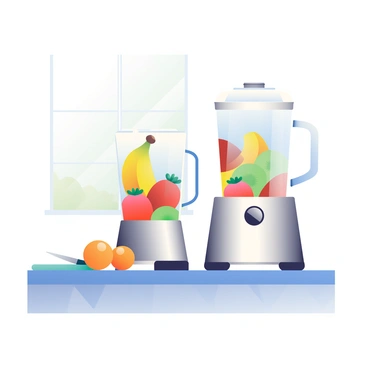 A sleek, modern blender with a stainless steel body is placed on a kitchen counter. The blender's jar is clear and filled with vibrant fruits including bright yellow bananas, deep red strawberries, and green kiwis. Next to the blender, there are whole oranges and a blue cutting board with a knife resting on it. The countertop has a geometric pattern, and there are soft natural light coming through a nearby window, illuminating the scene.