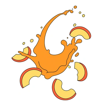 A vibrant splash of orange peach juice arcs through the air, creating a dynamic wave. Several bright slices of peach are caught mid-air, their yellow-orange flesh glistening. Small droplets of juice scatter around, reflecting light and adding to the liveliness of the scene. The background is minimal to keep the focus on the energetic splash and the juicy fruit slices.