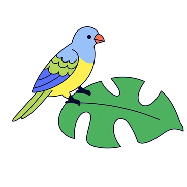 A colorful bird with vibrant feathers in shades of blue, green, and yellow is perched on a large monstera leaf. The leaf has distinct cut-out patterns and a rich green color. The bird's beak is bright orange, and its eyes are small and dark. The scene is simple, focusing on the bird and the leaf, capturing a moment of calmness in nature.