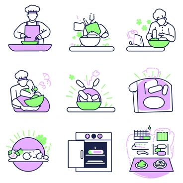 A series of illustrations showing the step-by-step process of making a banh mi. The first image features a chef mixing flour, sugar, yeast, and water in a bowl to create the dough. The next scene shows the dough being kneaded on a wooden surface, with flour dusting the area. Following this, the dough is placed in a bowl and covered with a cloth to rise. 

The subsequent image depicts the dough after it has risen, shaped into small baguette forms and placed on a baking tray. The next step shows the tray being placed in an oven, with heat waves visualized around it. 

After baking, the freshly baked baguettes are shown on a cooling rack. The next illustration includes a variety of fillings laid out on a table, including pickled vegetables, cilantro, sliced jalapeños, and meat.