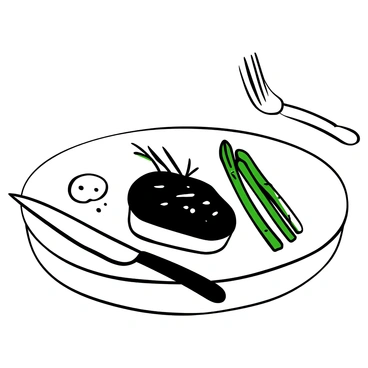 A gourmet meal plated beautifully on a round white plate. The dish features a perfectly seared steak, garnished with a sprig of rosemary. To one side, there are vibrant green asparagus spears arranged neatly. A small dollop of rich, creamy sauce is artfully drizzled around the plate. In the background, there is a fork and knife placed elegantly on a tablecloth. The setting reflects a fine dining atmosphere.