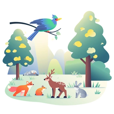 A thunderbird watching over a group of animals in a peaceful forest clearing