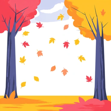 A vibrant scene of autumn leaves falling from trees in rich reds, oranges, and yellows.