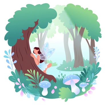A dense forest filled with tall, lush trees covered in vibrant green leaves. Rays of sunlight filter through the canopy, creating a dappled light effect on the forest floor, which is scattered with fallen leaves and small wildflowers. An illustrated fairy, with delicate wings resembling colorful stained glass, is peeking from behind a large tree trunk. The fairy's attire is adorned with natural elements like leaves and petals. Surrounding the scene are various mushrooms and ferns, enhancing the magical atmosphere.