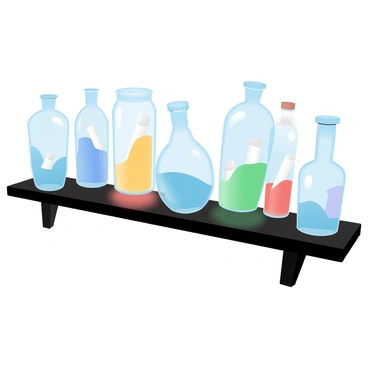 A shelf is filled with a variety of colorful glass bottles, each uniquely shaped and sized. The bottles feature bright hues of blue, green, red, and yellow, creating a vibrant display. Inside each bottle, a rolled-up piece of paper is visible, peeking out from the opening of the bottle. The papers contain wishes, adding a sense of mystery to the scene. The shelf is made of dark wood, contrasting with the bright colors of the bottles. Soft lighting illuminates the bottles, enhancing their transparency and creating subtle reflections.