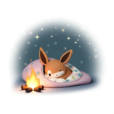An Eevee, with its fluffy brown fur and big, bright eyes, is snuggled comfortably in a colorful sleeping bag. The sleeping bag is patterned with vibrant geometric shapes, providing a cozy contrast to the Eevee's soft coat. Beside the Eevee, a glowing campfire crackles, sending warm light and gentle sparks into the air. The flames flicker, casting a warm golden hue on the surrounding area. Above, a clear starry sky is filled with countless twinkling stars, shining brightly against the dark night. The scene radiates a peaceful, tranquil atmosphere.