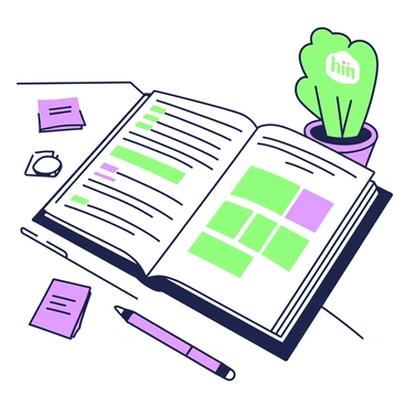 An open compliance policy handbook is lying on a wooden table. The handbook is open to the middle pages, revealing text and charts. Several sections of the text are highlighted in bright green, drawing attention to important points. The cover of the handbook features a simple logo in the top corner. Scattered around the handbook are several sticky notes, each with brief notes written in purple ink. A pen lies next to the handbook, resting on the table. In the background, a small potted plant adds a touch of greenery to the scene.