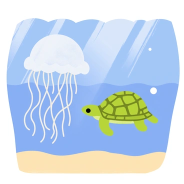 A jellyfish with a translucent, bell-shaped body and long, flowing tentacles floats gracefully in the water. A sea turtle with a textured, patterned shell glides effortlessly nearby. The water is a vibrant blue, creating a clear view of both creatures as they move in harmony. Light filters down from above, casting soft reflections on the sandy ocean floor.