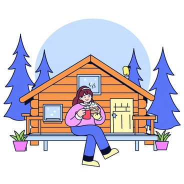 A woman sitting on the porch of a rustic mountain cabin made of wooden logs. She has long brown hair tied back in a loose braid and is wearing a warm, knitted sweater. In her hands, she holds a steaming mug of hot cocoa topped with a swirl of whipped cream. The porch has a simple wooden railing, and there are a few potted plants on either side. In the background, tall pine trees rise against a clear blue sky, creating a peaceful atmosphere.