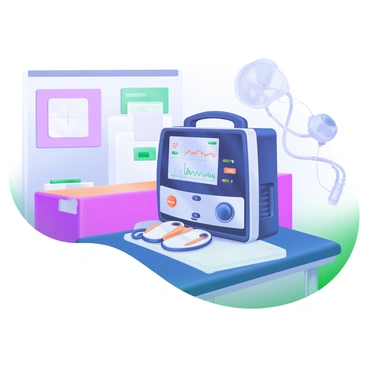 A defibrillator unit ready for use in a clinical setting