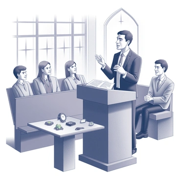 A pastor standing at a wooden pulpit in a modest church. The pastor is wearing a formal suit and holding a Bible open in front of him. Behind him, there are large stained glass windows that filter light into the room. The congregation is seated, with attentive expressions on their faces, some nodding in agreement. The pastor gestures emphatically with one hand as he speaks, conveying passion about the significance of lost items. On a small table beside the pulpit, there are various lost items displayed, such as a set of keys, a child's toy, and a watch, symbolizing the theme of the sermon. The atmosphere is warm and inviting, with soft shadows cast across the wooden floor.