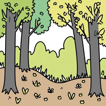 A dense forest scene filled with tall trees with thick trunks and vibrant green leaves. Sunlight filters through the canopy, creating dappled light on the forest floor. The ground is covered with a mixture of rich brown soil, patches of grass, and small flowering plants. Ferns and shrubs are scattered throughout, adding to the lushness of the environment. In the background, a faint outline of more trees can be seen, creating a sense of depth and density within the forest.