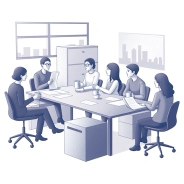 An office setting with a rectangular table surrounded by several employees engaged in discussion. Each employee is holding a coffee cup while reviewing a "workplace policy manual". The employees have various expressions, showcasing concentration and interest in the manual. The room is equipped with filing cabinets and a window revealing a cityscape in the background. A few papers and pens are scattered across the table, contributing to the work environment.