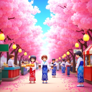 An anime spring festival scene filled with vibrant cherry blossoms in full bloom. Characters wearing traditional yukatas are enjoying the festivities, with one character holding a delicious dango skewers and another playing a game at a colorful booth. Lanterns hang above, softly illuminating the atmosphere. The ground is carpeted with pink petals, and a gentle breeze wafts through the air, creating a lively and cheerful ambiance.