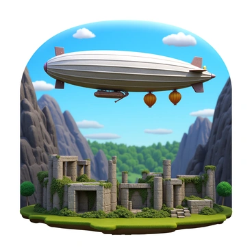 A large airship with intricate designs is floating above a rugged mountain valley. The airship has multiple hot air balloons attached and large propellers at the back. Below, ancient ruins made of weathered stone and overgrown with vines and moss can be seen. The ruins include crumbling pillars and partially collapsed walls, hinting at a long-lost civilization. The valley is surrounded by steep, rocky cliffs, and a dense forest can be seen in the distance. Soft clouds drift lazily in the blue sky above the airship.