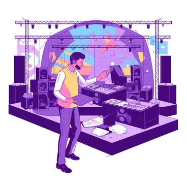 An event planner with a clipboard is standing in front of a lively music festival stage. The stage is adorned with colorful lights that are positioned at various angles, creating a vibrant atmosphere. Surrounding the stage, there are clusters of sound equipment, including large speakers and mixing consoles. The event planner is wearing a headset and is gesturing towards a crew member adjusting a sound mixer. In the background, festival banners and decorations add to the festive environment.