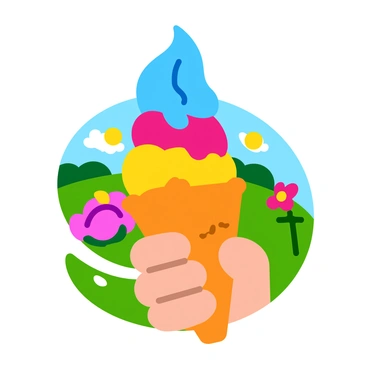 A colorful ice cream cone with three swirls of ice cream, including pink, blue, and yellow flavors, melting slightly down the sides. The cone is held by a small child with chubby hands. The child's fingers are sticky with melting ice cream, and their expression shows delight as they gaze at the cone. The background features a sunny park with green grass and colorful flowers, enhancing the feeling of a joyful moment.