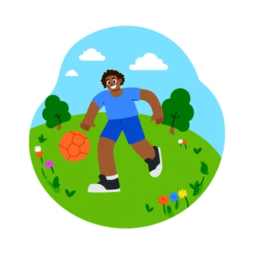 A child with curly hair is joyfully kicking a bright orange soccer ball in a sunny park. The child is wearing a blue t-shirt and shorts, with a wide smile on their face. Surrounding the child are green grass and colorful flowers, with a few trees in the background casting playful shadows. A clear blue sky with a few fluffy white clouds completes the scene.