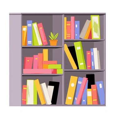 A bookshelf made of dark wood with several shelves filled with colorful books. One shelf features a noticeable gap in the middle where books have been removed, revealing an empty space. The remaining books are arranged neatly, with some standing upright and others lying flat. A small potted plant sits at one end of the shelf, adding a touch of greenery to the scene. A warm light casts gentle shadows across the bookshelf, enhancing the textures of the wood and the spines of the books.