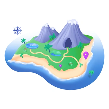 A detailed map of an exotic island featuring sandy beaches, towering volcanoes, and hidden caves. The map displays the coastline with wavy lines indicating the shore, lush green areas depicting dense jungles, and jagged shapes representing volcanic peaks. Small icons illustrate the locations of hidden caves nestled along the rocky cliffs. There are also symbols for palm trees lining the beaches and paths winding through the island leading to various points of interest. A compass rose is placed in one corner of the map for orientation.
